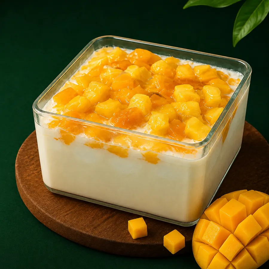 Mango tres leches dessert with fresh mango